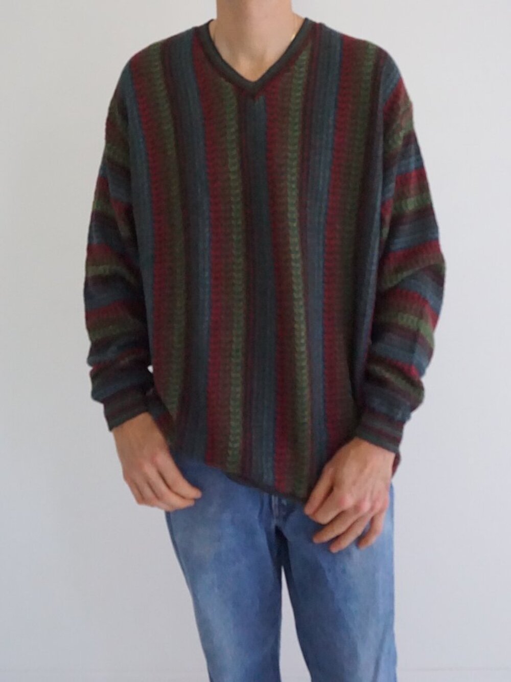 Vintage Tosani Black Red Green Blue Vertical Stripe Cotton Blend Knit Sweater XL